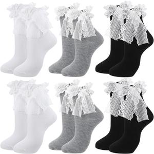 Women Lace Bow Ankle Socks Soft Cotton Ruffle Cute Princess Ankle Dress Lace Sock for Women Girls (White)