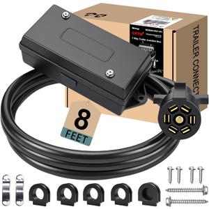 7 Pin Trailer Wiring Harness Kit 8 Feet, 7 Gang Waterproof Junction Box with Heavy Duty 7 Way Trailer Cord Pigtail, Double Prongs Connector Inline Cable for RV Standard (8ft)