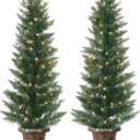Set of 2 Lighted Pre-Potted 4 Foot Artificial Cedar Topiary Outdoor Indoor Trees - Set of 2 - Battery Operated with Timers