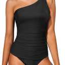 Tempt Me Two Piece Tankini Set Swimsuits for Women Tummy Control Bathing Suit One Shoulder Swimwear with Bikini Bottoms (X-Small, Black)