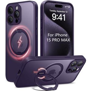 Magnetic for iPhone 15 Pro Max Case,[Unbreakable & Magnetic Stand] [Military-Grade Protection] [Phone Case Compatible with MagSafe] Slim Translucent Matte Shockproof Phone Cover,Deep Purple