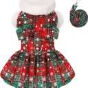 Dog Christmas Sweater Dress with Leash Set Puppy Sweaters for Small Dogs Girl Pet Outfit Plaid Puppy Clothes Cute Bowknot Doggy Apparel Cat Holiday Xmas Party Costume (Small, Green) 
