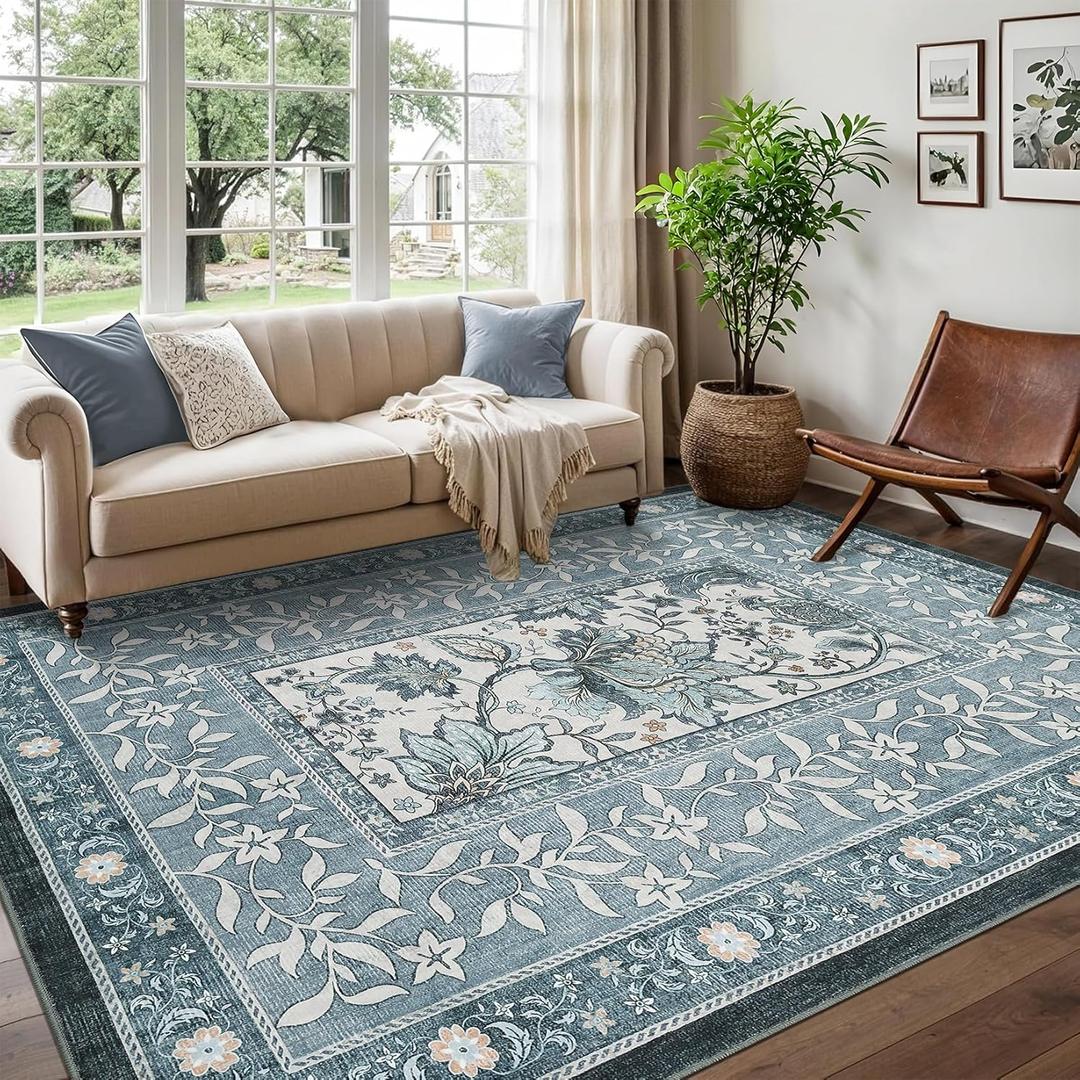 GarveeHome Provence 5x7 Area Rugs, Botanical Grove Vintage Cottagecore Non-Slip Washable Rug for Bedroom Living Room Nursery Kitchen Low-Pile Carpet Retro Blue (Oriental Misty Blue)