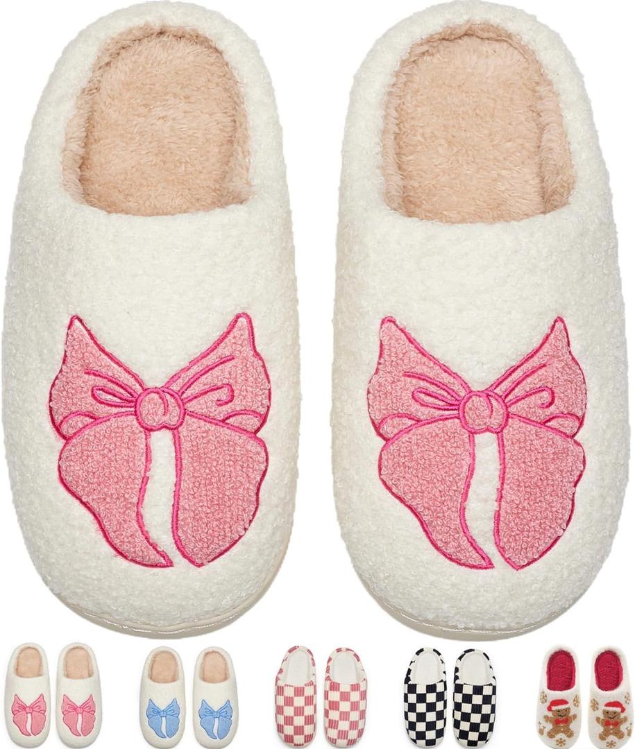 Cute Bow House Slippers Memory Foam Fuzzy Shoes for Women Non-Slip Warm Indoor Outdoor (9.5-10.5 Women/9-10 Men)