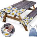 Picnic Table Cover with Bench Covers Elastic Edges, Chamomile Flower Fitted Table Cover, Outdoor Patio Camping Essentials 96 Inch 3PCS, Waterproof Camping Fitted Tablecloth with Drawstring Bag