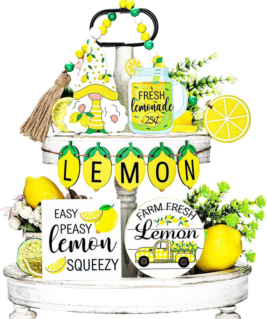 10pc Summer Tiered Wood Tray Stand - Farmhouse Lemon Watermelon Strawberry Sunflower Decor Kitchen Sign Banner