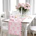 Pink Bow Table Runner 72 Inches Cute Heart Linen Fabric Scalloped Table Runner Coquette Dining Decor for Birthday Baby Shower Party Valentine's Home Decor(Bow B)