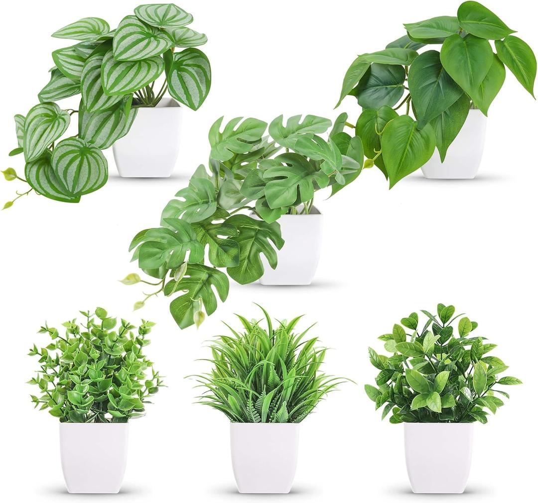 Der Rose 6 Pack Fake Plants Small Artificial Potted Plants Faux Plants for Home Office Desk Bathroom Aesthetic Farmhouse Room Decor Indoor (White)