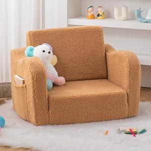 Toddler Baby Chair Couch Sofa Kids Foldable 2-in-1 Sherpa Fold Out Couch Bed Toddler Chairs Comfy for Boys & Girls Convertible Kids Furniture Lounge Chair for Playroom with Double Pockets, Dark Camel
