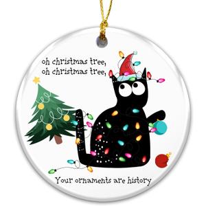 3 x Funny Black Cat Ornament 2025  White Elephant Gift, Oh Christmas Tree, Your Ornaments are History  Ceramic Holiday Decoration with Black Cat in Lights  Pet Lover Gift and Funny Xmas Tree Dcor