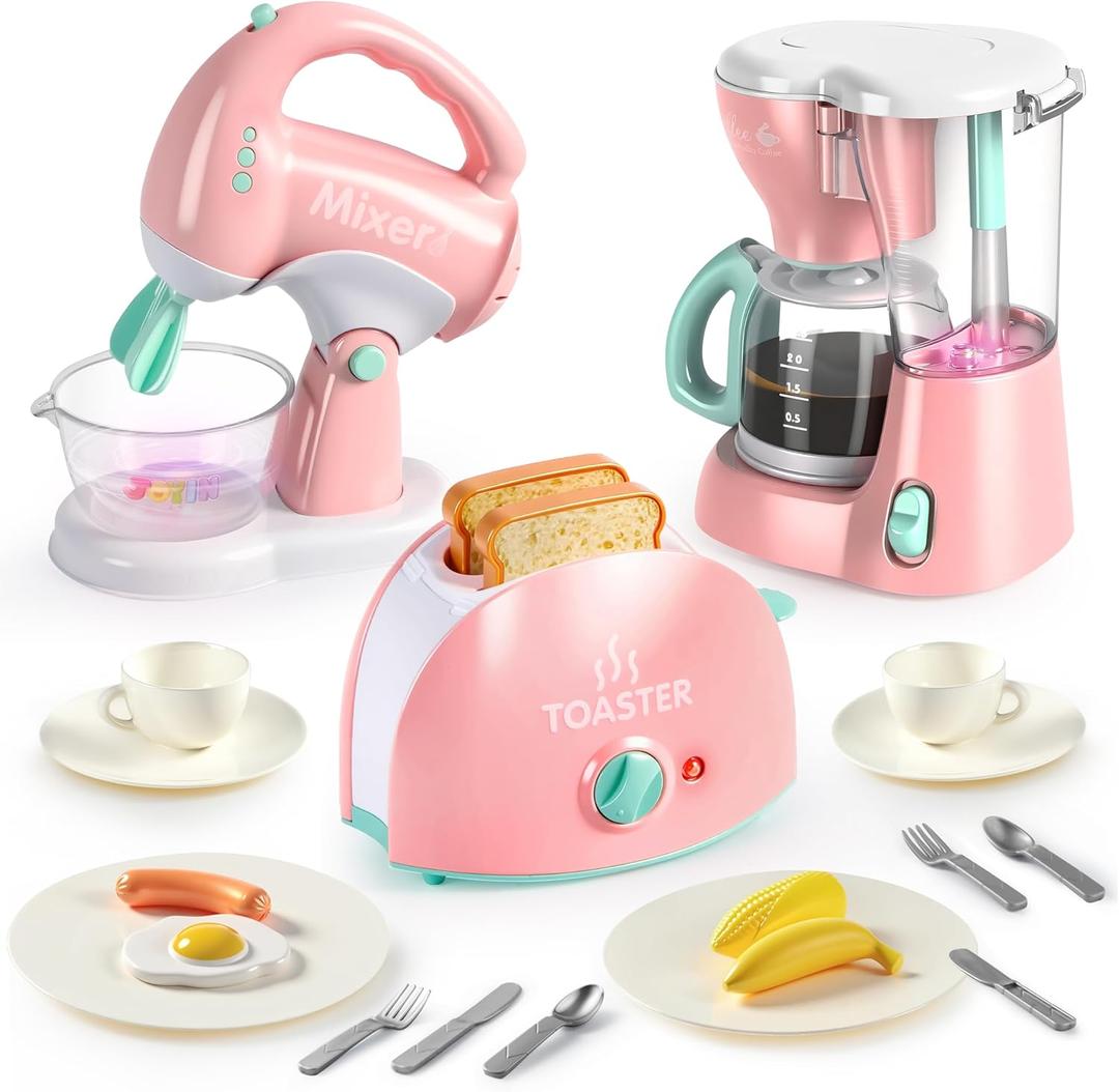 Joyin Play Kitchen Toys, Pretend Food Kitchen Accessories Girls Toy with Coffee Maker, Mixer, Toaster with Realistic Lights& Sounds, Birthday Gift for Kids Gifts for Christmas (Pink)