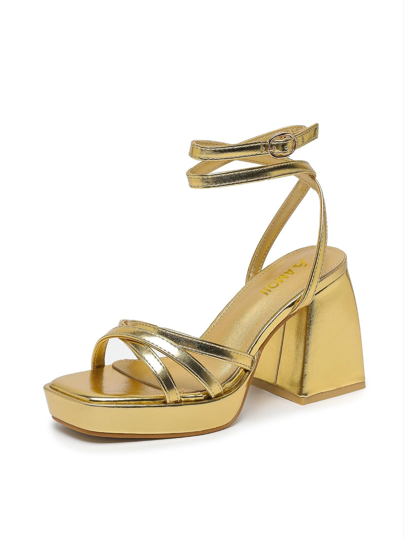Amoji Women's 4 Inch Platform Chunky Heel Strappy Ankle Strap Block Heeled Sandals 305 8.5