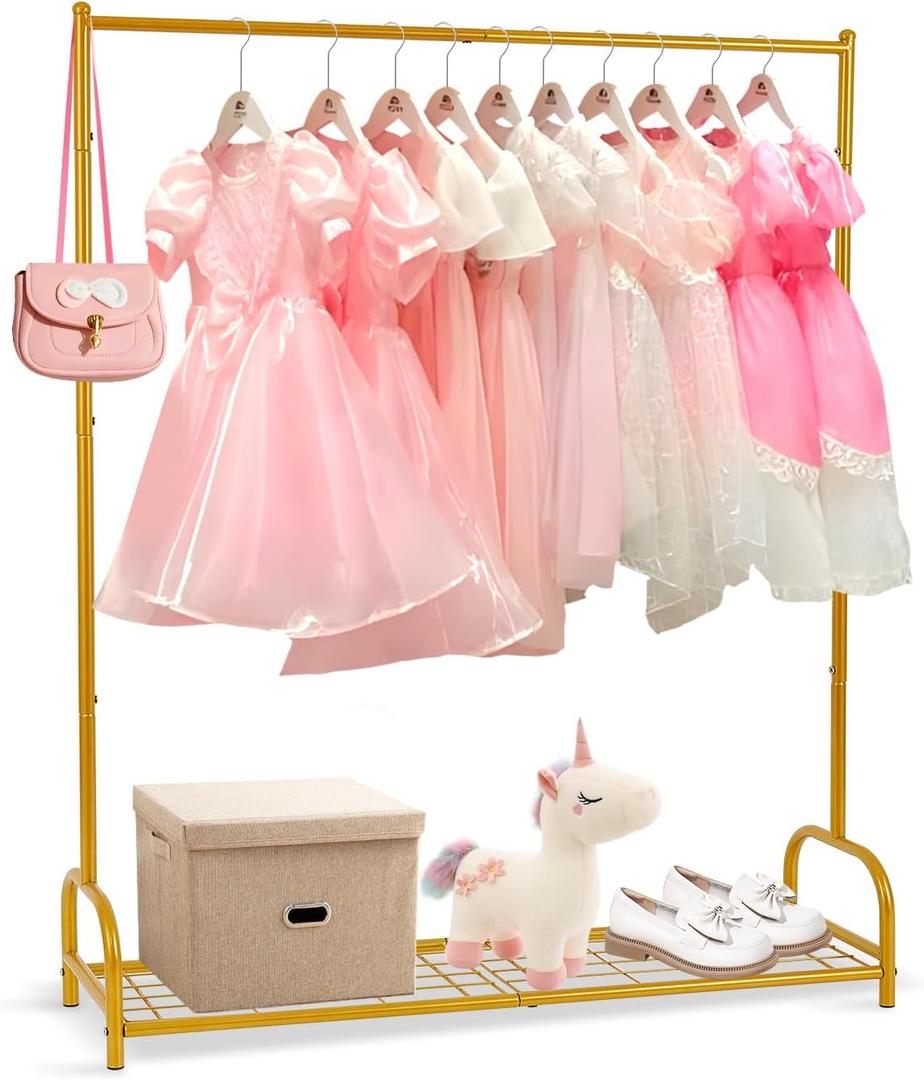 AUPSEN Kids Clothing Rack with Bottom Storage Shelf, Metal Toddler Dress Up Rack for Little Girls, Kids Dress Up Clothes Storage for Coats, Skirts, Dance Costume（Gold）