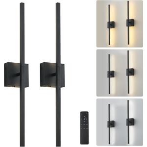 Wireless Battery Operated Wall Sconces Set of Two, Dimmable Modern Wall Sconce with Remote Control, 360Rotation & Timer & Memory, Black Led Rechargeable Wall Lights for Living Room, 28.3 Inch