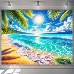 Summer Beach Theme Backdrop Banner 7.5x5.9ft Hawaii Beach Backdrop Tropical Summer Photography Decorations Party Blue Sky Sea Background for Outdoor Photo Party Banner, Hawaii Beach#4