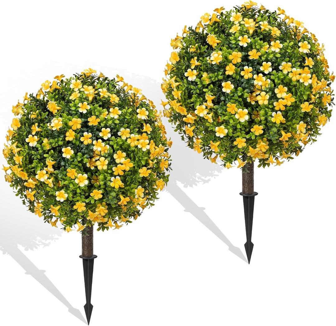 Fall Artificial Topiary Ball Trees with Spike Set of 2, Fall Faux Boxwood Plants for Outdoor Planters, UV Resistant Artificial Outdoor Shrubs, Fake Bushes for Porch, Garden, Patio Decor (B - Yellow Lilacs)
