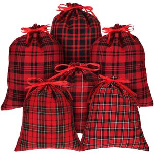 Weewooday 6 Pcs Christmas Drawstring Gift Bag Reusable Cotton Buffalo Plaid Bag Sack Xmas Red Black Wrapping Storage Christmas Candy Goodie Holiday Party, 2 Size (Red Black Plaid)