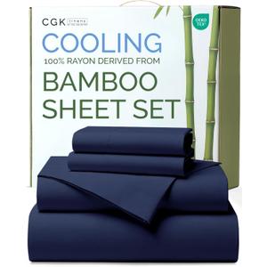 100% Rayon Derived From Bamboo - Bamboo Sheets Queen Size - Cooling Sheets for Queen - Soft, Breathable & Hotel Luxury Bedding - 1 Flat & 1 Fitted & 2 Pillowcases w/ 18 Inch Deep Pockets - Navy Blue