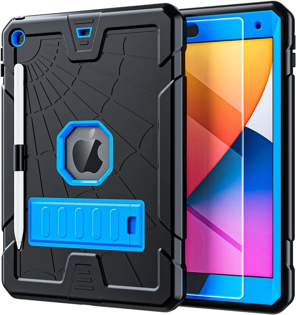 TSQQST iPad 9th Generation Case 2021 / iPad 8th Generation Case 2020 / iPad 7th Generation Case 2019 with Glass Screen Protector | Kids Proof iPad 10.2 Case with Pencil Holder Stand | Black+Blue
