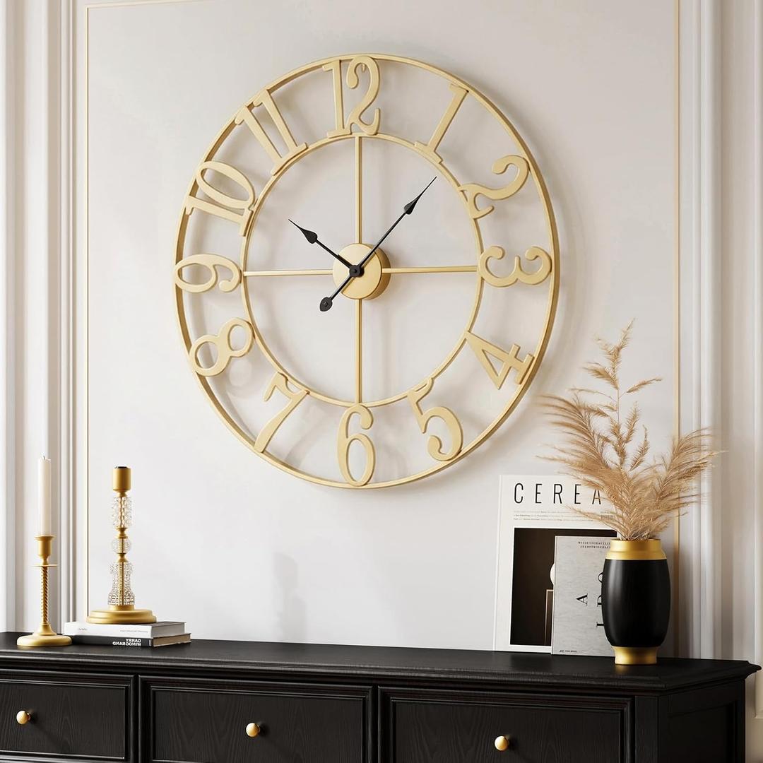 Cuspin 20 Inch Wall Clock Gold, Large Decorative Wall Clocks Battery-Operated, Modern Metal Round Clock Silent Non Ticking Arabic Numerals for Living Room Kitchen Mantel Office Decor