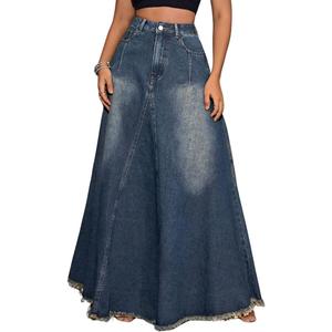 Women's Vintage Full Length Denim Skirts High Waisted Frayed Raw Hem Flared A Line Maxi Long Jean Skirts (Medium)