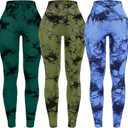 OVESPORT 3 Pack Tie Dye Seamless High Waisted Workout Leggings for Women Scrunch Butt Lifting Yoga Gym Athletic Pants (Medium, 3pack-blue/Green/Cyan)