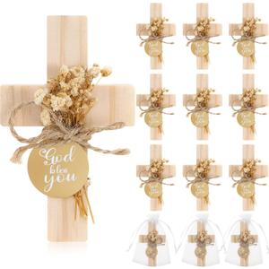 Flutesan 12 Sets Baptism Favors for Guests First Communion Wooden Cross Fridge Magnets with Flower and Bag, Christian Souvenirs Gift for Party Decoration, Baby Shower, Kitchen Decor (Classic,Brown) (Natural)