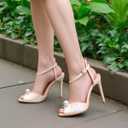 Womens Pearls Wedding Sandals Open Toe Stiletto 4" Heeled Sandals Bridal Pearl High Heels for Evening Party (Pink), Size 3