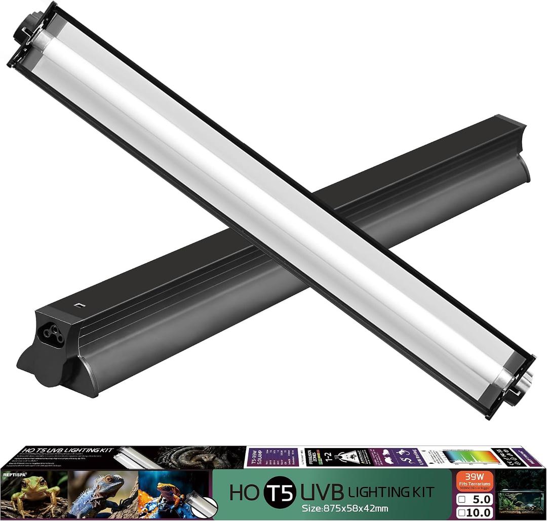 T5 HO UVB Lighting Combo Kit, Reptile Light Fixture with Fluorescent Light Bulbs, Tropical Light for Reptiles and Amphibians, Basking Light for Bearded Dragon, High Output Natural Light (39W 10.0 UVB)