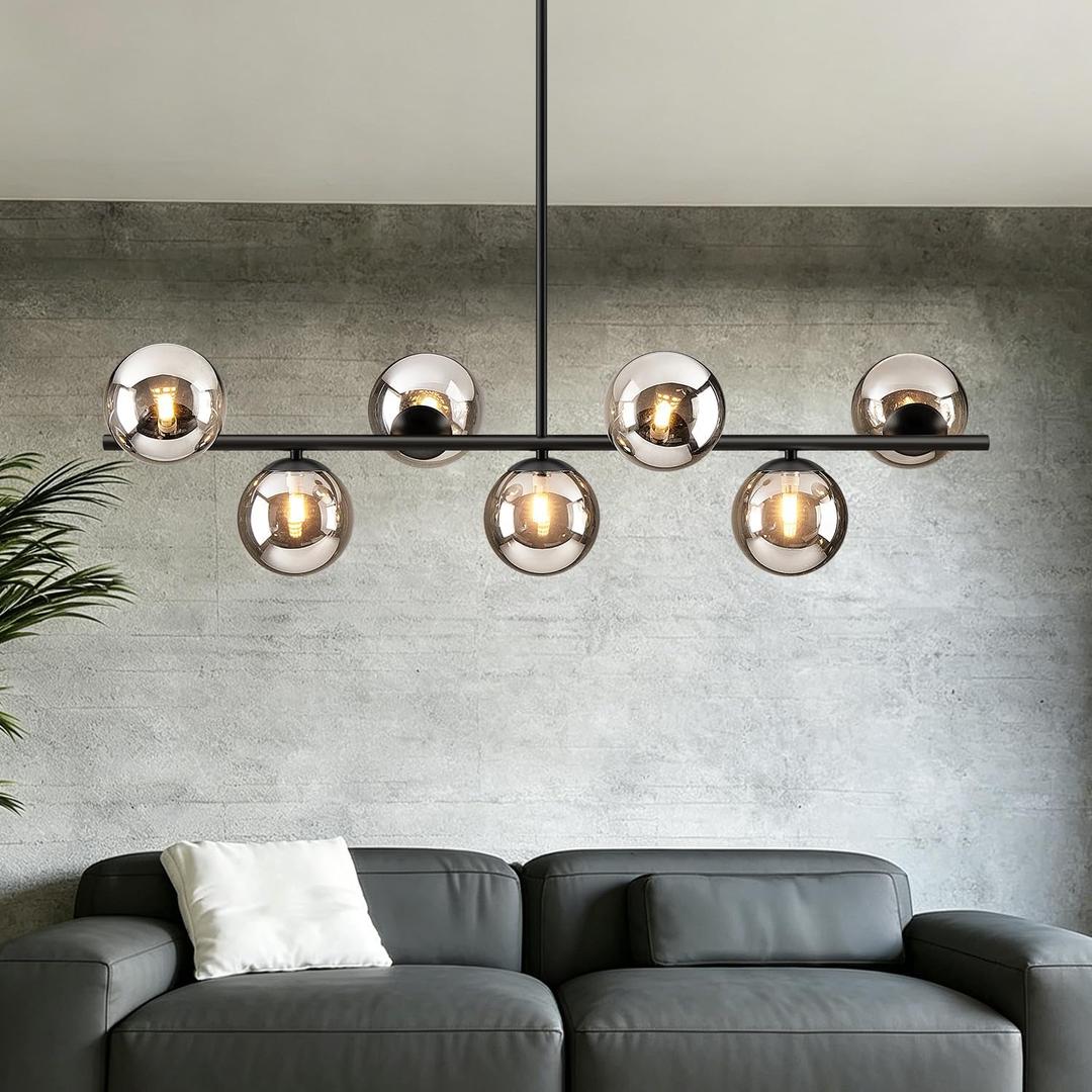 Globe Modern Sputnik Chandeliers for Dining Room Chandelier, 7-Light Dining Room Light Fixture Over Table, Mid Century Linear Chandelier Matte Black and Smoky Grey Bubble, 43.3 Inch (Bulbs Excluded)