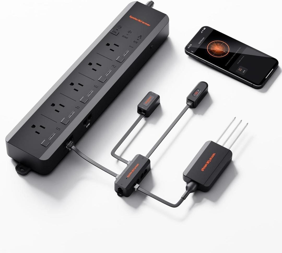 Spider Farmer GGS AC5 Power Strip Kits, 5 AC APP-Based Controls Outlets, 3 in 1 Soil Sensor, Temp Humid Light Sensor, for Indoor Grow Tent and Room