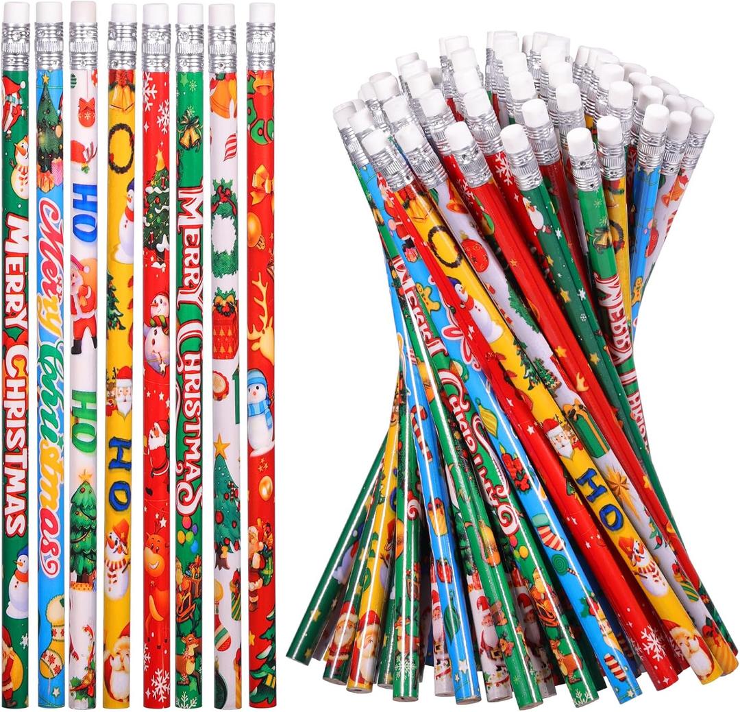 Christmas Pencils Xmas Wood Pencil with Eraser Snowman Pencils Santa Elk Assorted Christmas Stationery Pencil, 8 Styles(72)