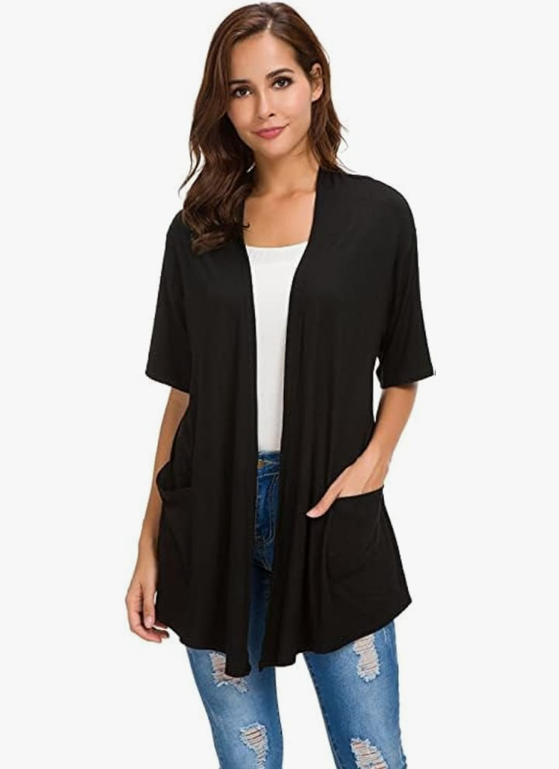 ADANIKI Womens Short Sleeve Open Front Lightweight Casual Comfy Long Line Drape Hem Soft Modal Cardigans Sweater, L