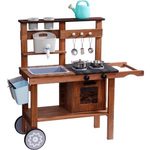 ROBOTIME Mud Kitchen for Kids Outdoor with Wheels, Fun Wooden Kid Kitchen Playset for Backyard Pretend Cooking, Outdoor Sink & Storage, Role Play Toy for Boys and Girls Ages 3+