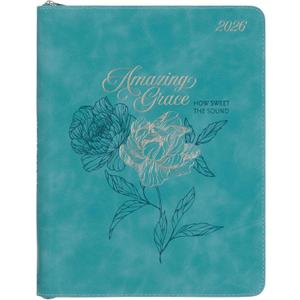 Christian Art Gifts 2026 18 Month Premium Zippered Vegan Leather Daily Planner for Women: Amazing Grace Encouraging Scripture, Weekly & Monthly Planning, Organizing, Goals, Reminders, Teal Floral