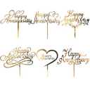 6 Pcs Happy Anniversary Cake Topper Gold Acrylic Cake Topper, Happy Anniversary Cake Sign, Wedding Cake Decorations Party Supplies
