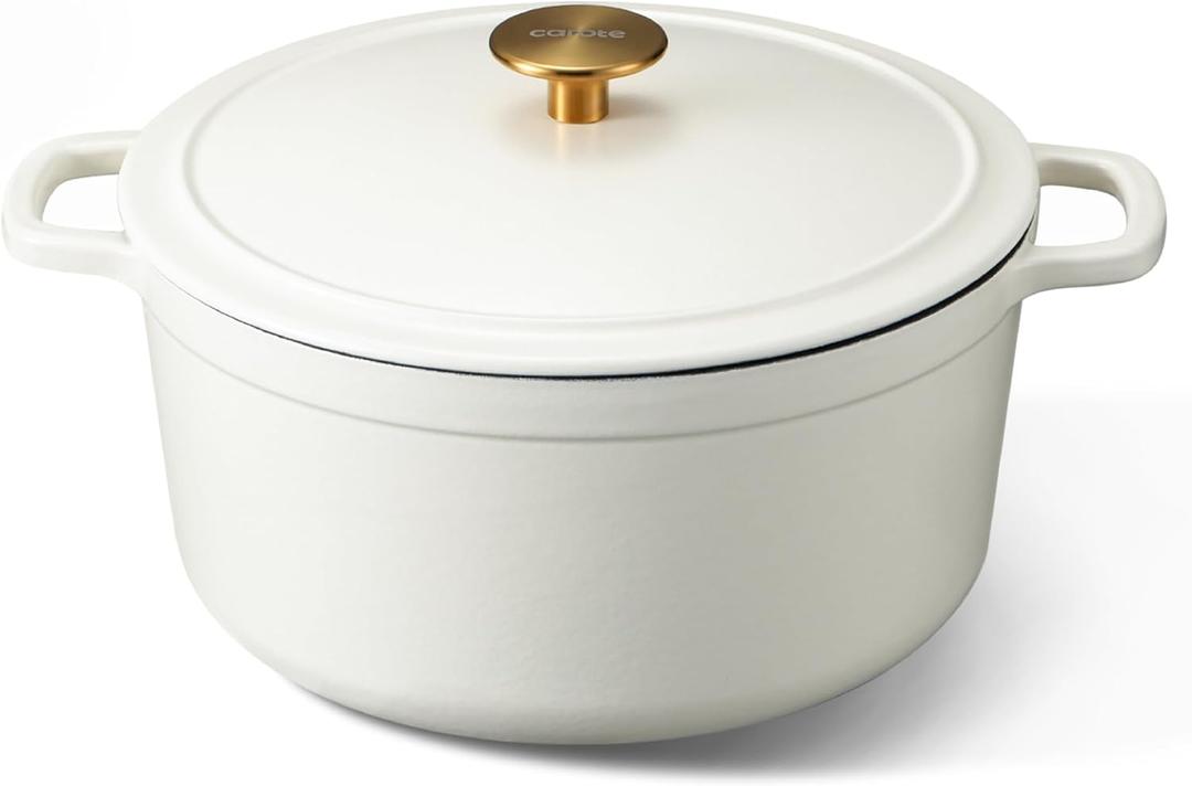 CAROTE 5QT Enameled Cast Iron Dutch Oven Pot with Lid, Heavy-Duty Dutch Oven for Sourdough Bread Baking, Braising, Stews, Roasting, Healthy & Non-Toxic, Dual Handles, All Stovetop Compatible, Oven Safe up to 500 F, Cream White
