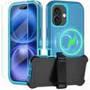CONWOE Magnetic for iPhone 16 Case, with Belt Clip, [Compatible with Magsafe] W/ Tempered Glass Screen Protector, Anti-Drop, Shockproof, Heavy Duty Protection (Lake Blue)