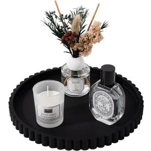 Round Bathroom Tray Silicone Kitchen Counter Decor Vanity Organizer Decorative Coffee Table Tray for Perfume, Candle, Soap Dish, 9 Inch, Black