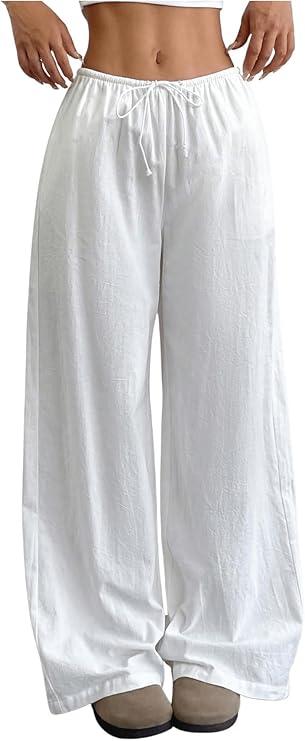 SHENHE Girl's Wide Leg Baggy Pants Drawstring Summer Boho Beach Palazzo Pants with Pockets, M, White