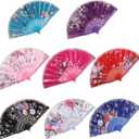 BABEYOND 8pcs Floral Folding Hand Fan Vintage Handheld Lace Folding Fan with Different Flower Patterns Fabric Folding Fan for Wedding Dancing Party (Color Random Selected with Chinese rose)