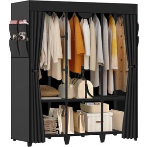 Wardrobe Closet, Quick and Easy Assembly, Black Large Capacity Portable Closet with 3 Hanging Rods 6 Storage Shelves and 8 Side Pockets, Clothes Rack with Cover, for Bedroom and Living Room (50 Inch)