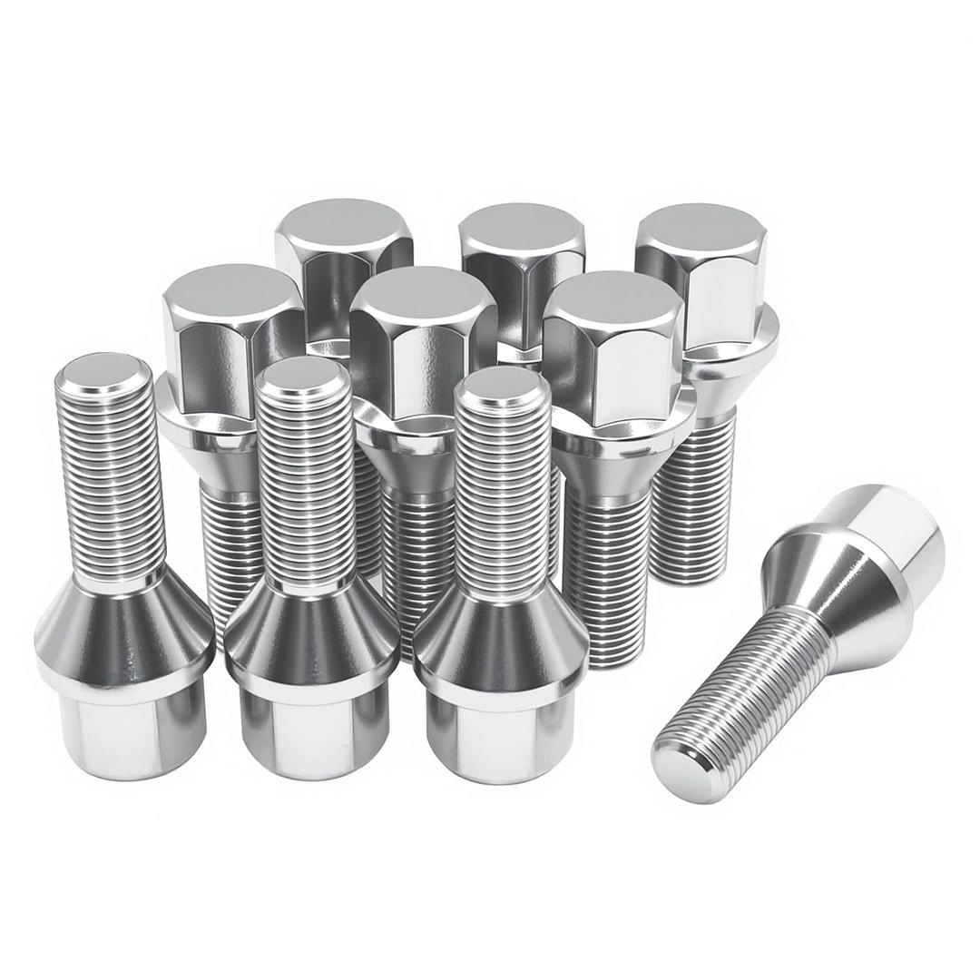 Chrome M12x1.25 Wheel Lug Bolts, 10 Pack Lug Bolt, 28mm Shank Length, 17mm Hex Conical Seat, One-Piece Lug Studs Set Compatible with 2017-2019 Compass, 2015-2017 Chrysler 200, 2014+ Cherokee
