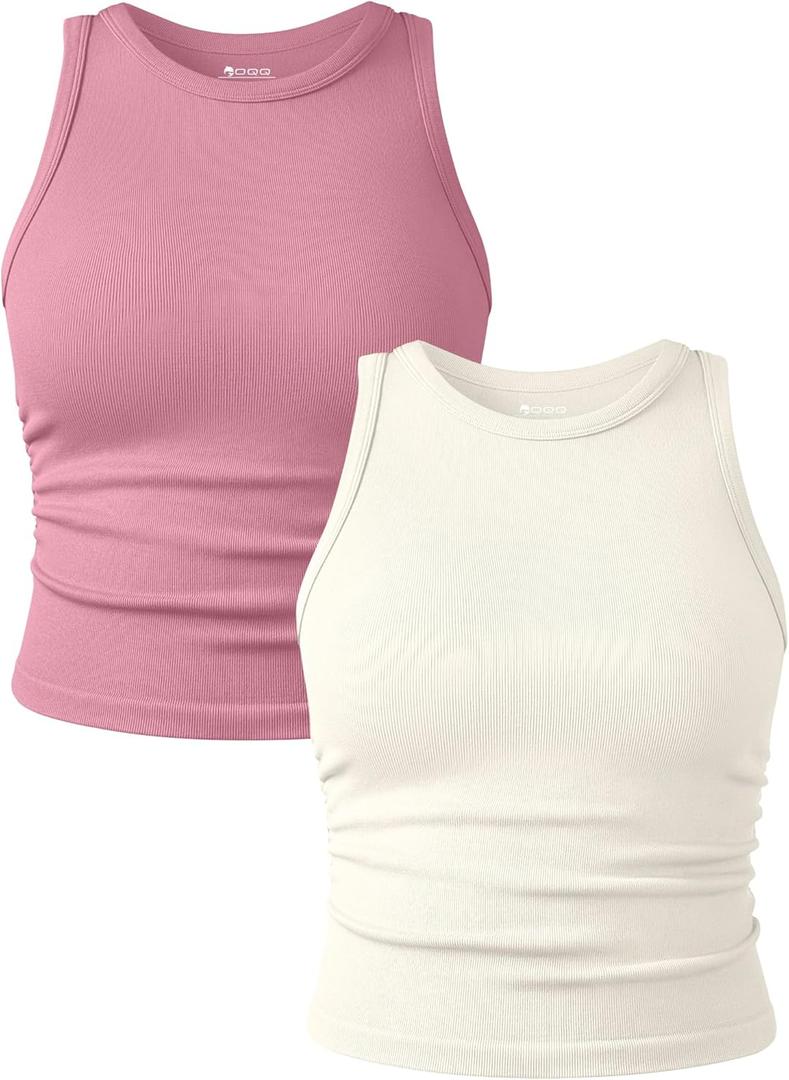 OQQ Women's 2 Piece Tank Tops Crew Neck Sleeveless Basic Stretch Casusal Yoga Crop Camis, Large