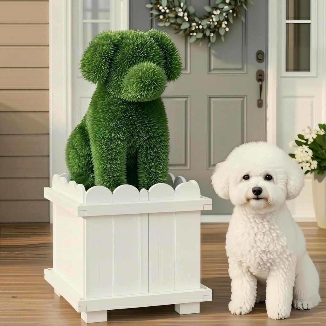 34.6" Handcrafted Artificial Dog Topiary with White Planter - Faux Boxwood Sculpture for Front Porch, Patio & Entryway Decor, UV-Resistant, No Maintenance, Indoor Outdoor, 15.7 x 15 x 34.6 inches