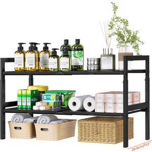 Under Sink Organizer and Storage 16.5"-30.7" Expandable Length, Adjustable Height Max 16.7" Under Sink Shelf 2 Tier with Removable ABS Panels Metal Frame for Bathroom Kitchen Pantry Cabinet Pot Pan