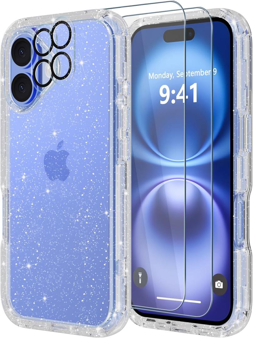 Diverbox for iPhone 16 Plus Case [Shockproof] [Dropproof] [Tempered Glass Screen Protector + Camera Protectors] Heavy Duty Protection Phone Case Cover for Apple iPhone 16 Plus (Glitter Clear)