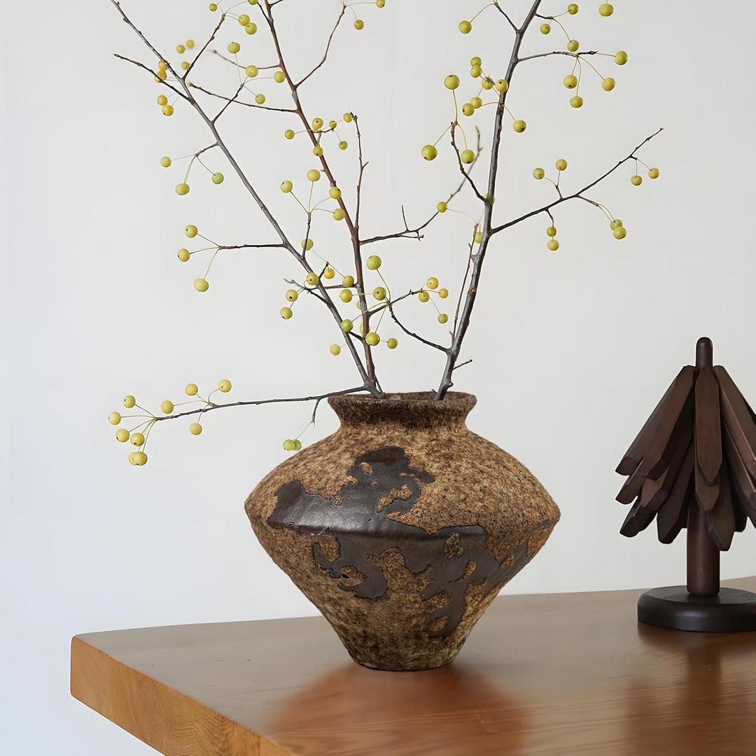 GeLive Brown Ceramic Rustic Vase Jingdezhen Handmade Vintage Pottery Flower Jar for Fresh and Dried Plants Table Centerpiece Wabi Sabi Vase Home Farmhouse Decor (Short)