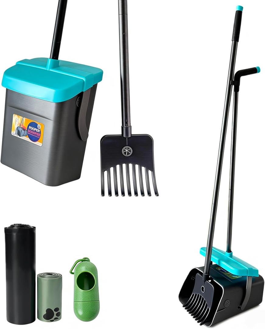 46" Pooper Scooper Swivel Bin & Rake for Large Small Dogs with Bag Attachment, Long Handle Poop Scooper with Lid for Yard (Blue)