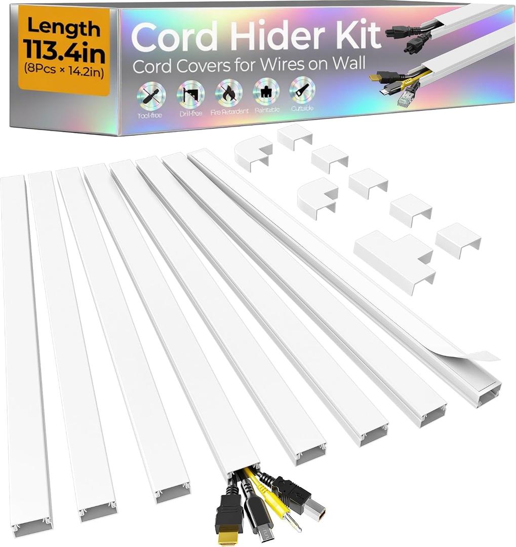 113.4in Cord Hider Kit, Cord Covers for 2-4 Wires on Wall, Self-Adhesive Cable Hider Wire Covers for Cords on Wall, Paintable Cord Hider for Walls Mount Tv, Cable Cover Raceway, W0.95 H0.55in, White